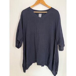 Match Point‎ USA 100% Linen Top Tunic Oversized Boxy Coastal Navy Size M Blouse